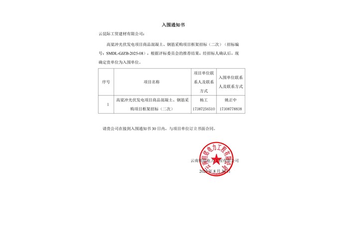 入圍通知書----云昆際工貿建材有限公司